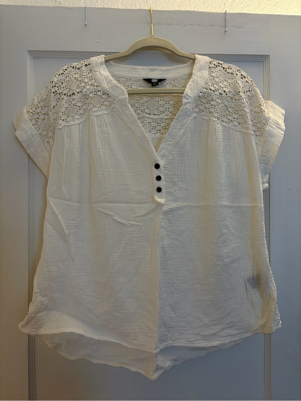 Frye Cream Crochet Yoke V-Neck Button Blouse